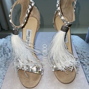 Jimmy Choo Beige and White Embellished Sandals